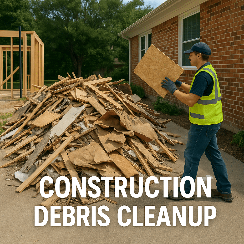 Worker removing construction debris from a residential job site in Sacramento