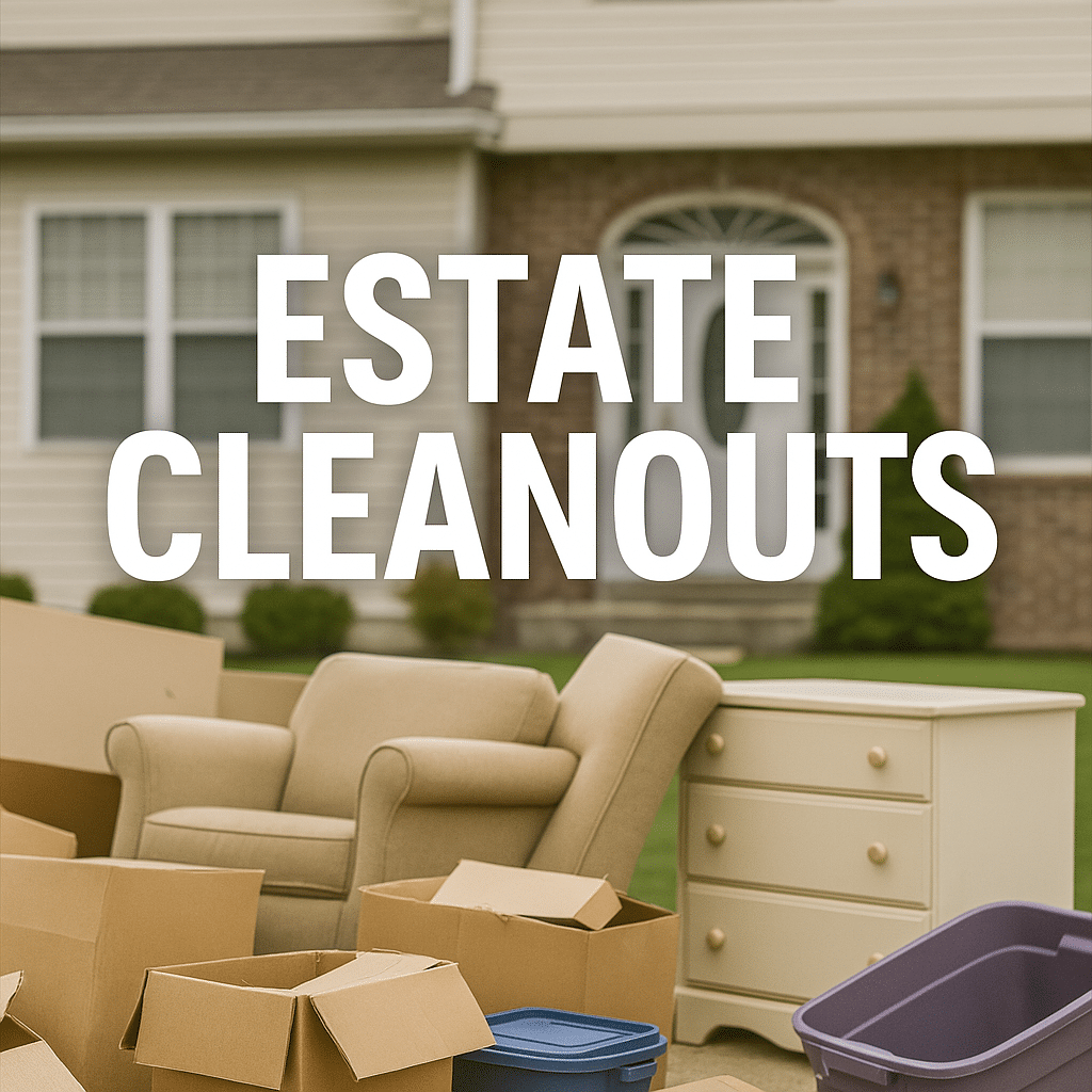 Furniture, boxes, and household junk staged for estate cleanout in front of a Sacramento home