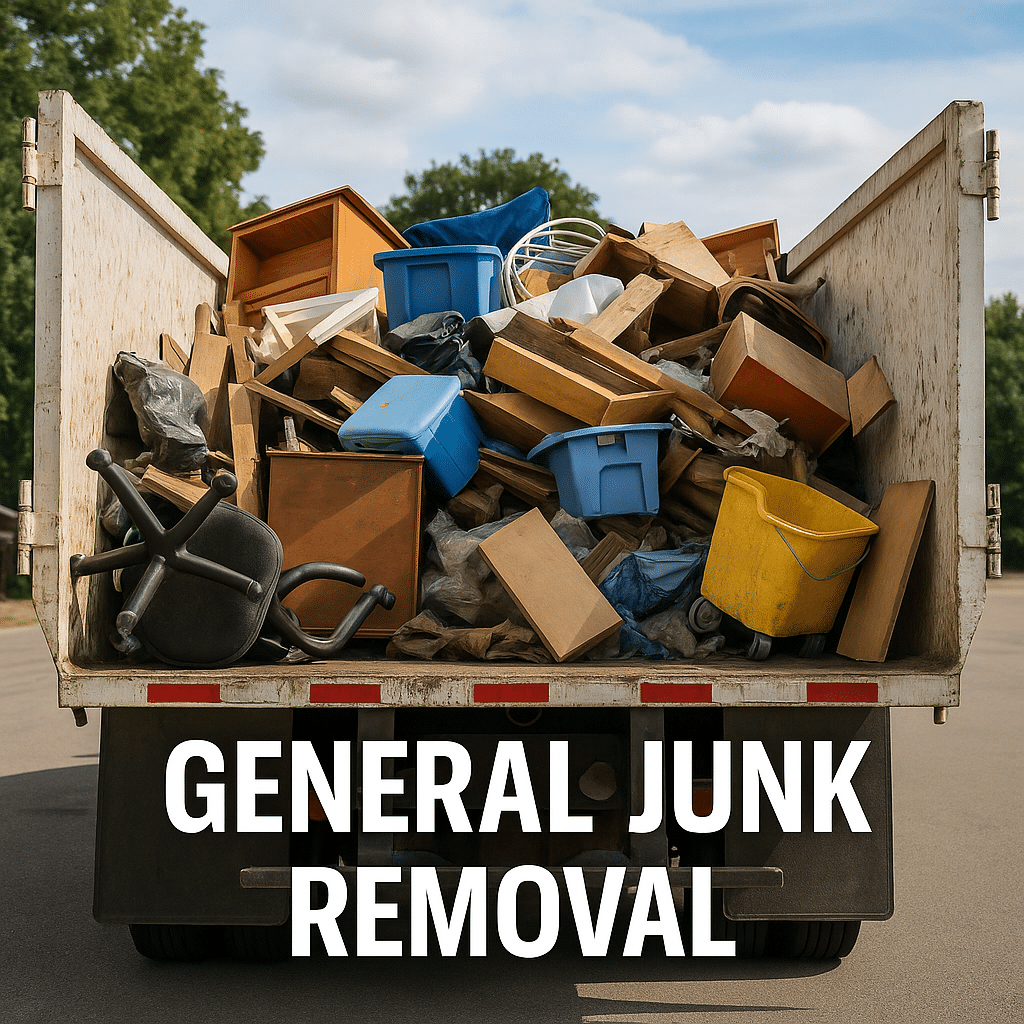 Junk removal truck with back doors open and full load in Sacramento