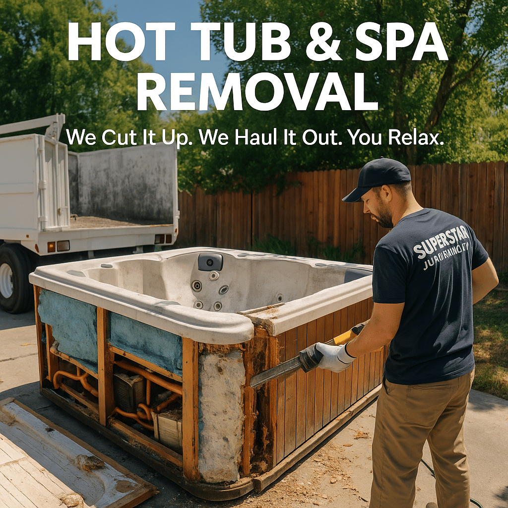 Junk removal worker dismantling a backyard hot tub in Sacramento
