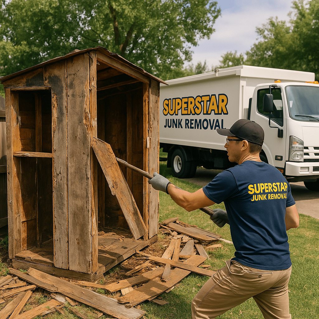 Worker tearing down a wooden shed in a Sacramento backyard